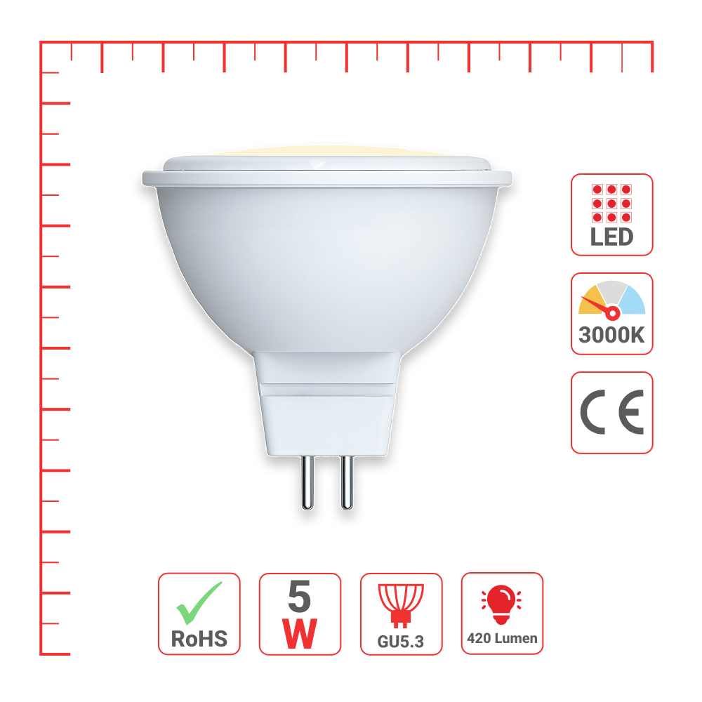 LED лампа JCDR (спот), 5Вт, 420Лм, GU5.3, 3000K (илиқ оқ), Опал