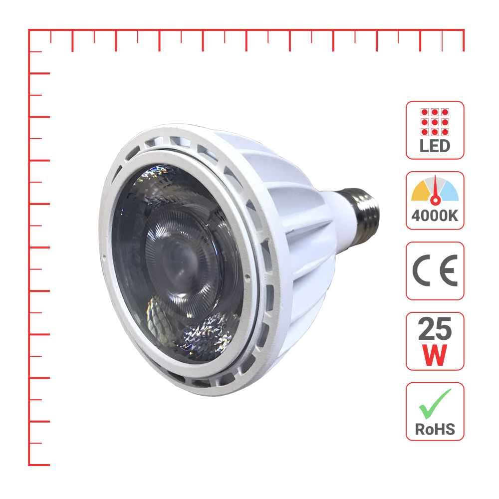LED лампа PAR30 (прожектор туридаги), 25Вт, E27, 4000K (нейтрал оқ), Оқ