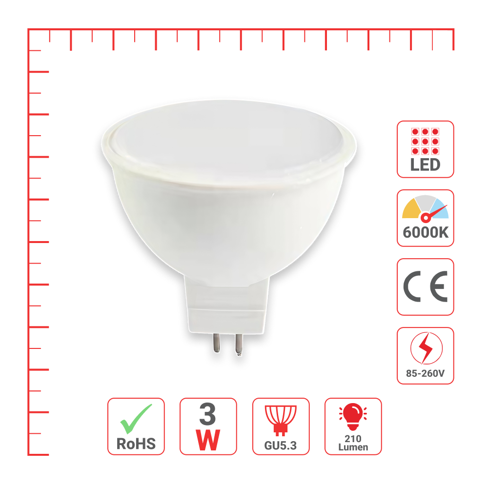 LED лампа ЖСДР (спот), 3Вт, 210Лм, GU5.3 (ЭСОЛИТЕ), 6000K (совиқ оқ), Опал