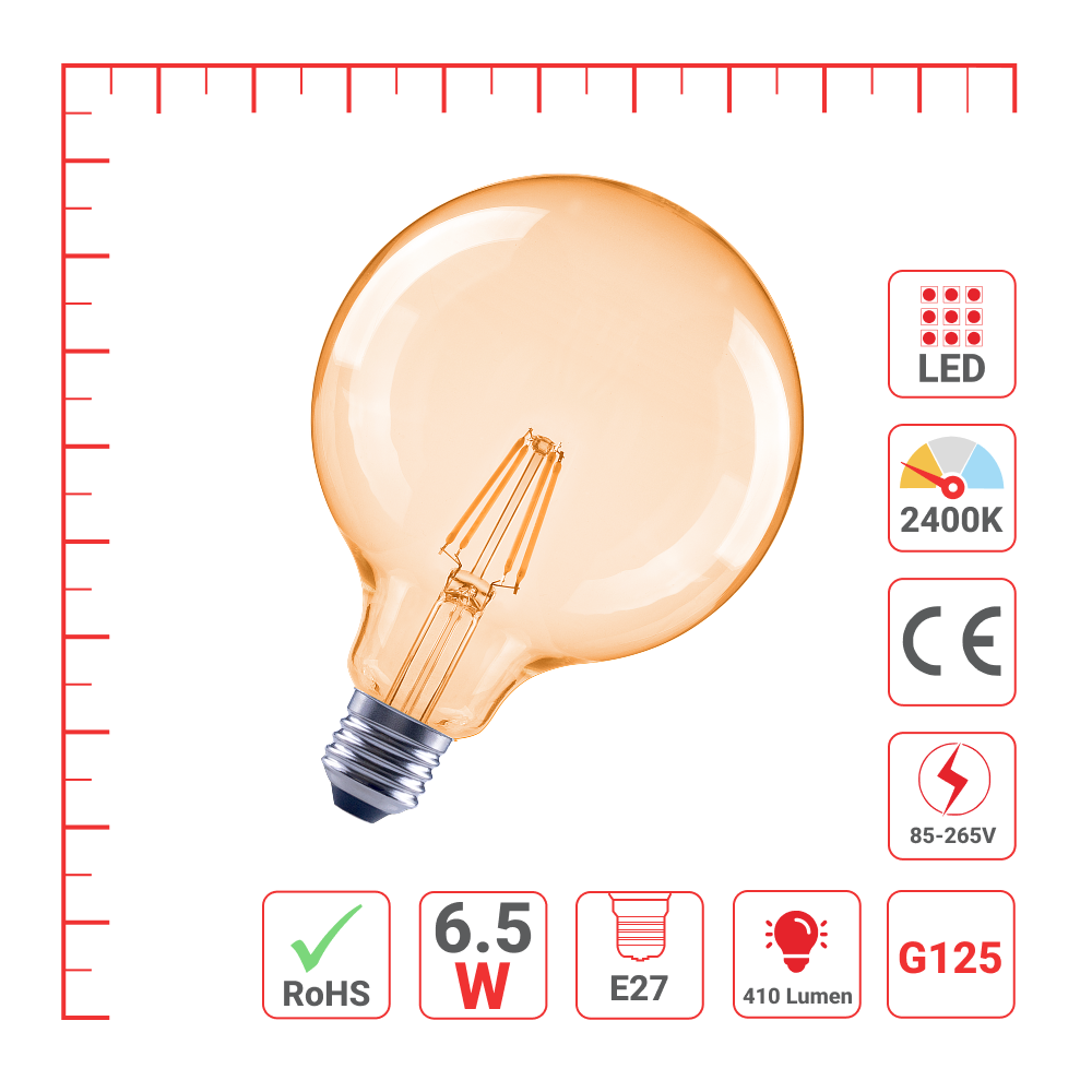 LED лампа G125 (шар шаклида), 4Вт, 410Лм, E27, 2400K (илиқ оқ), Янтарь ранг