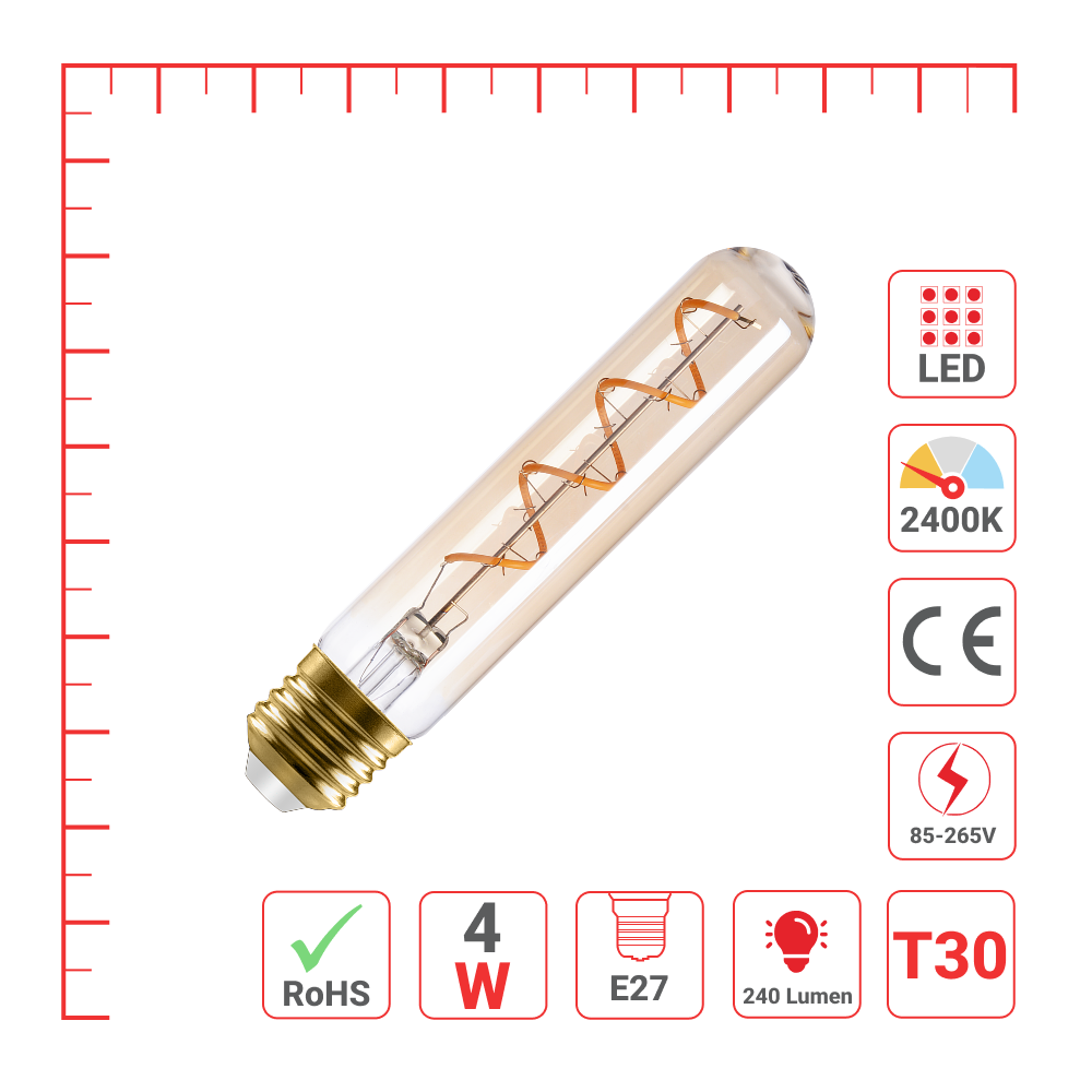 LED лампа T30 (найсимон), 4Вт, 240Лм, E27, 2400K (илиқ оқ), Янтарь ранг
