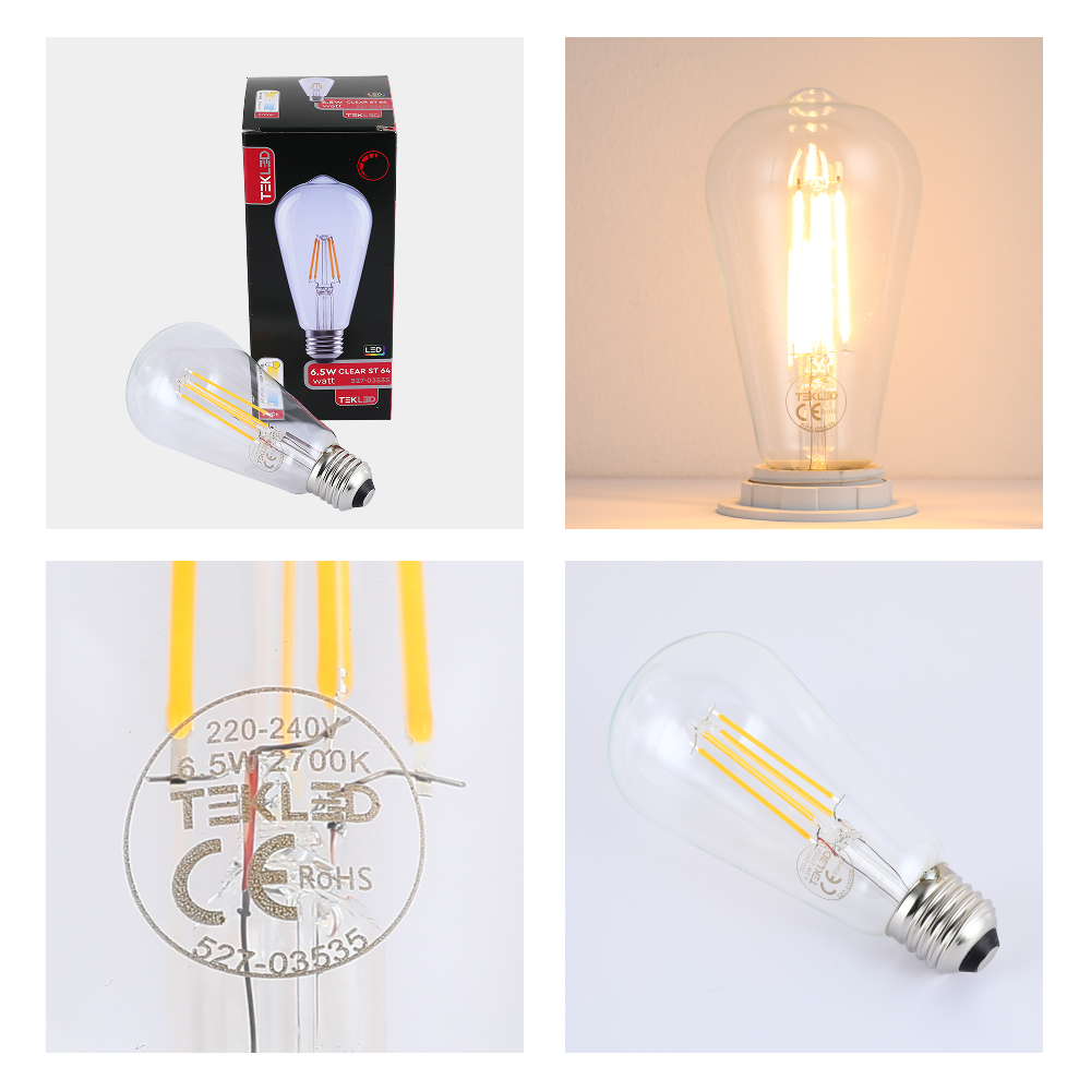 LED лампа ST64 (Ретро, Эдисон услубида), 6.5Вт, 806Лм, Е27, 2700K (илиқ оқ), Шаффоф