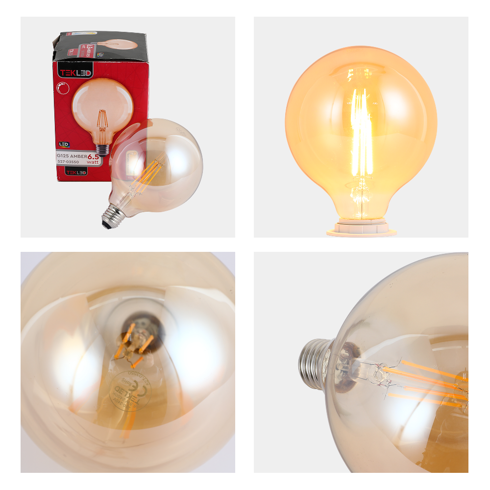 LED лампа G125 (шар шаклида), 6.5Вт, 680Лм, E27, 2400K (илиқ оқ), Янтарь ранг