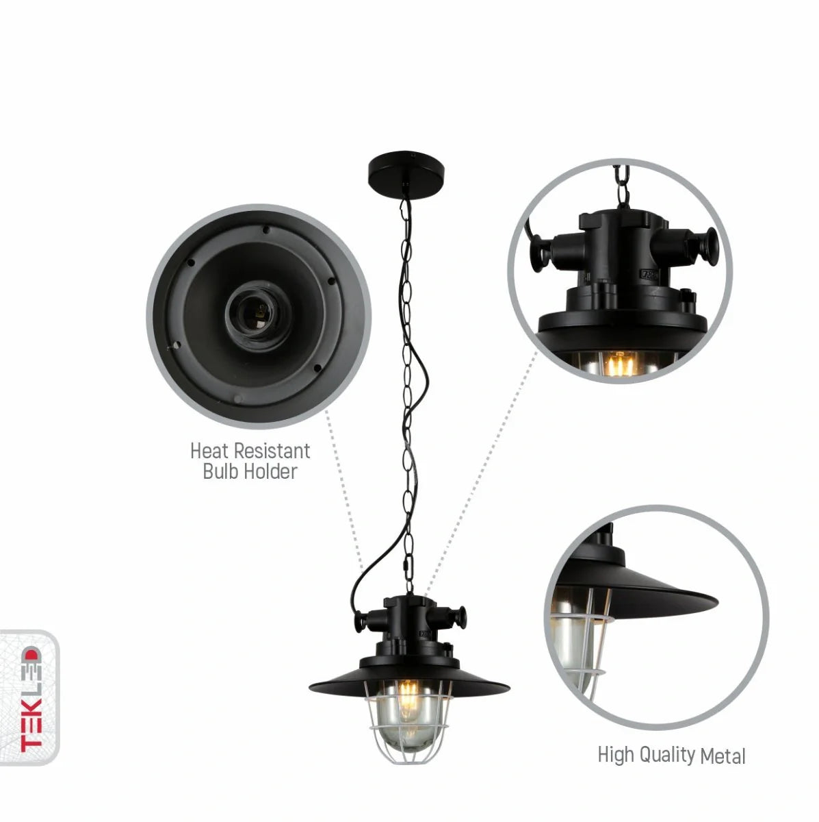 Крупный план черного индустриального потолочного светильника с металлической сеткой, идеально подходящего для интерьеров в морском стиле.