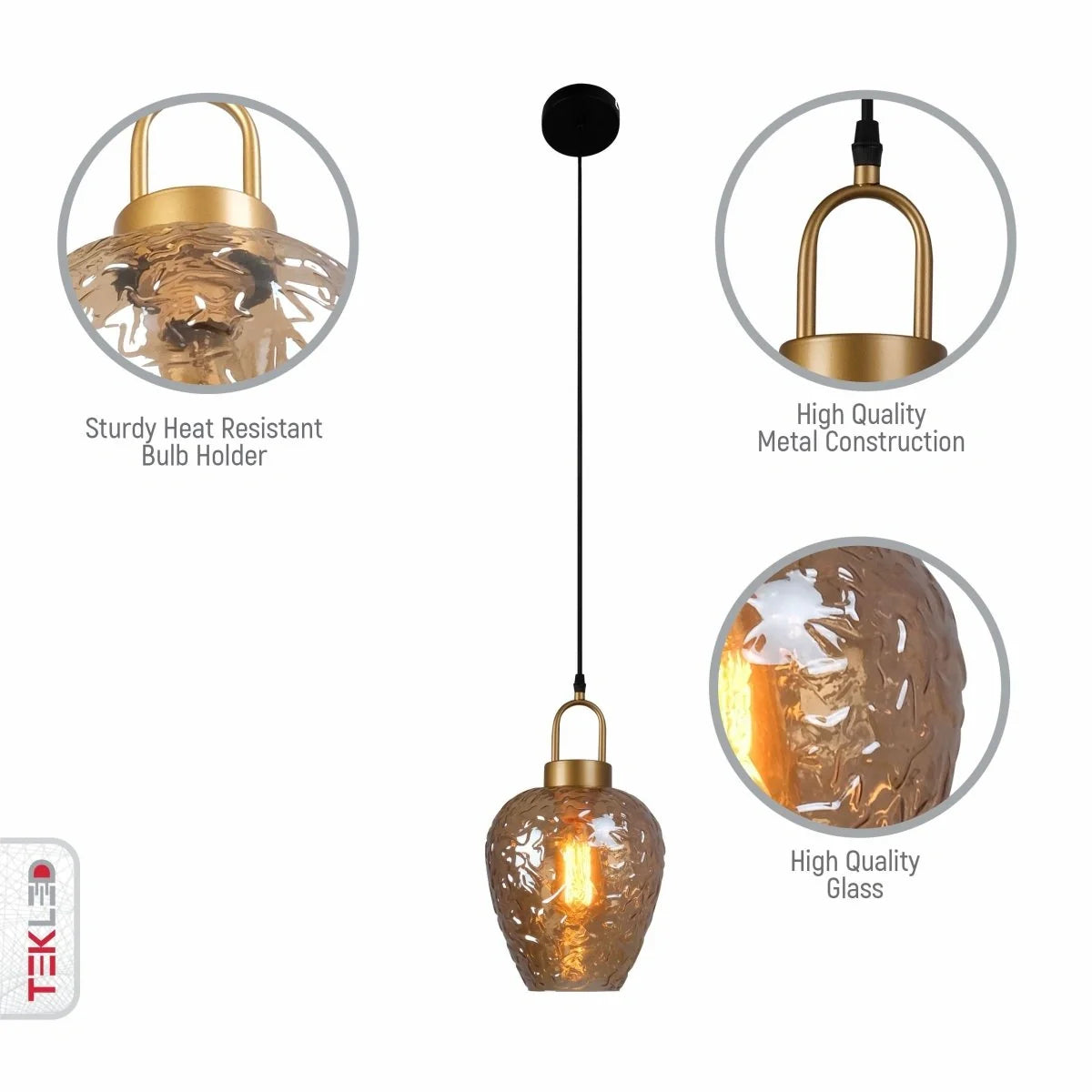 Крупный план подвесного светильника Miele Lungo из янтарного стекла, идеально подходит для современного интерьера кухни или столовой.