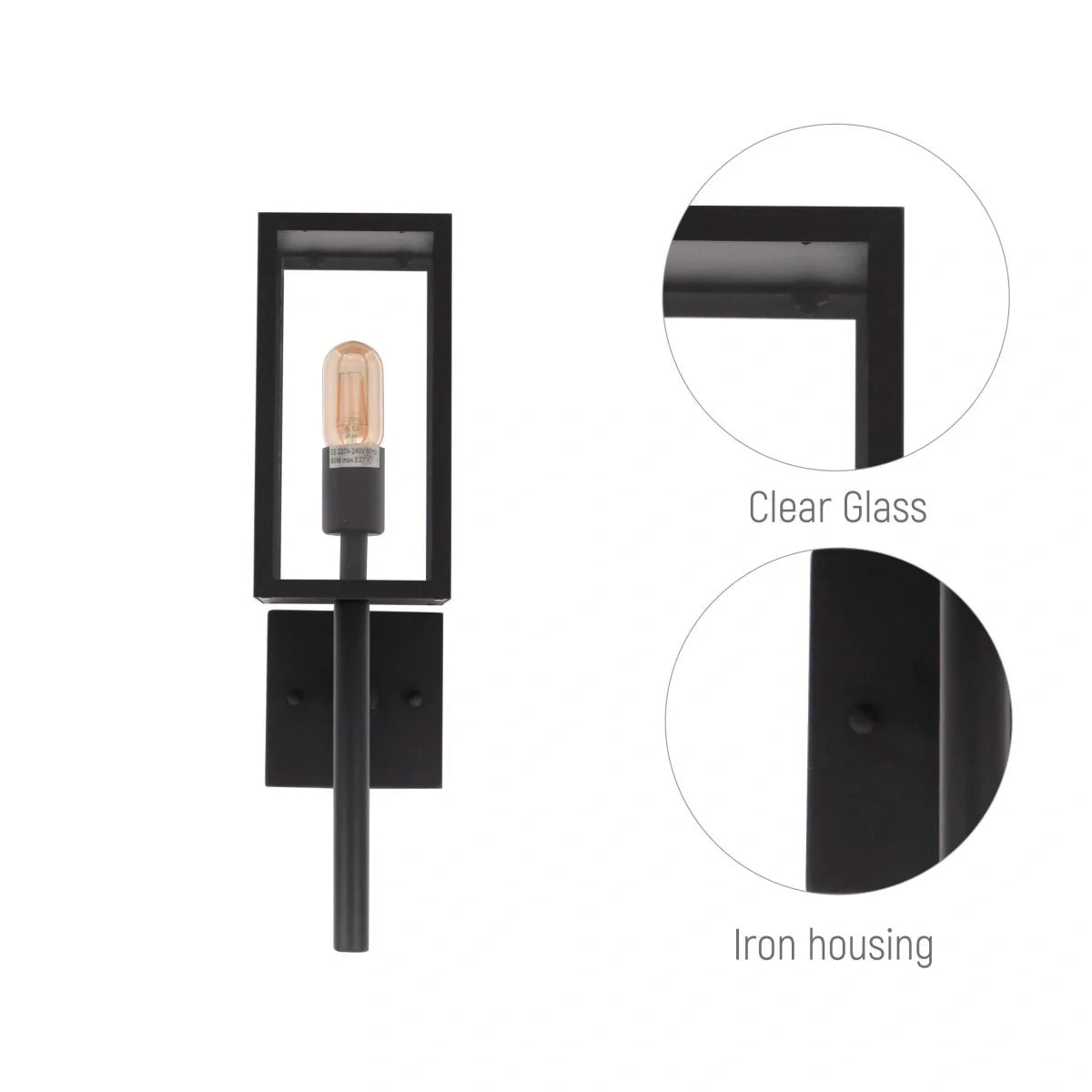 Крупный план настенного света в кубическом дизайне с черным матовым корпусом и прозрачным стеклом, идеально подходящий для современного интерьера.