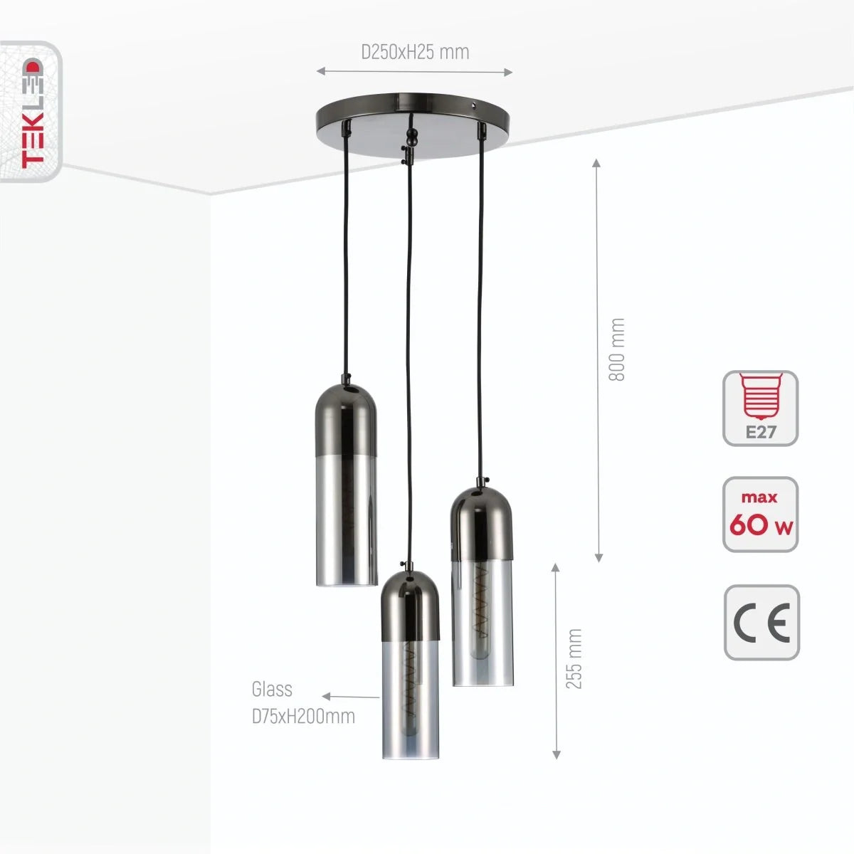 Технические характеристики цилиндрического подвесного светильника с дымчатым стеклом и черной крышкой, идеально подходящего для современных интерьеров.