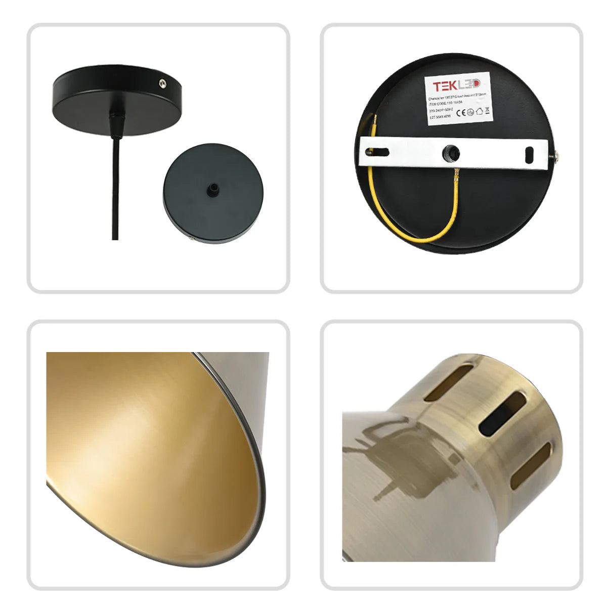 Крупный план индустриального конусного подвесного светильника, идеально подходящего для кухонных интерьеров в стиле лофт.