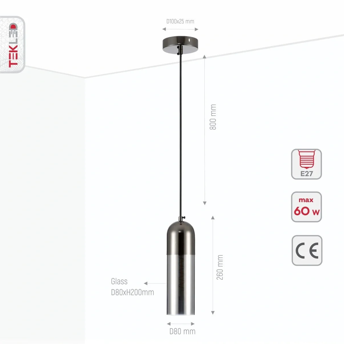 Цилиндрическая подвесная лампа из дымчатого стекла с черной отделкой, идеально подходит для современных гостиных.