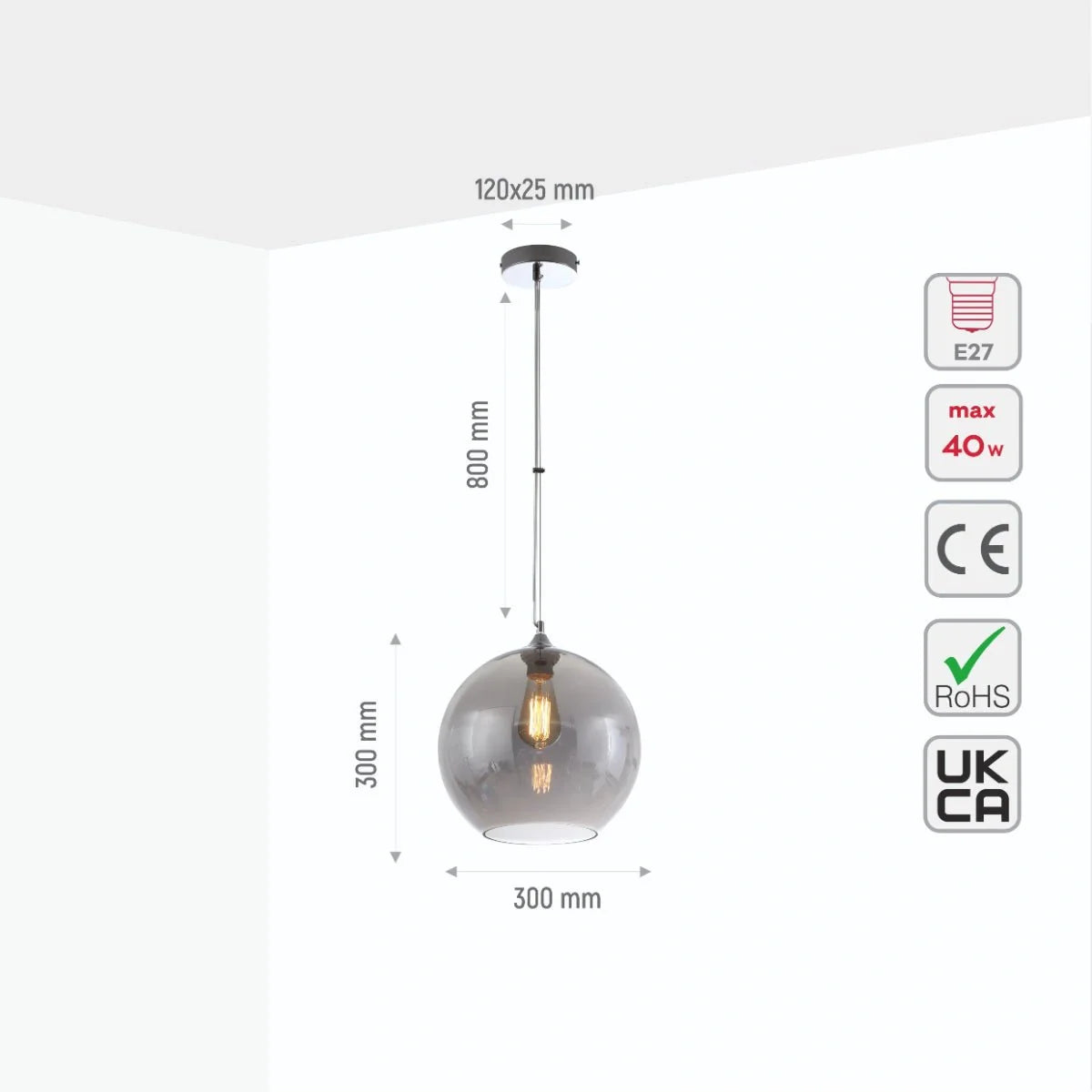 Основное изображение подвесного светильника с дымчатым стеклянным шаром, идеально подходящего для современного интерьера гостиной.