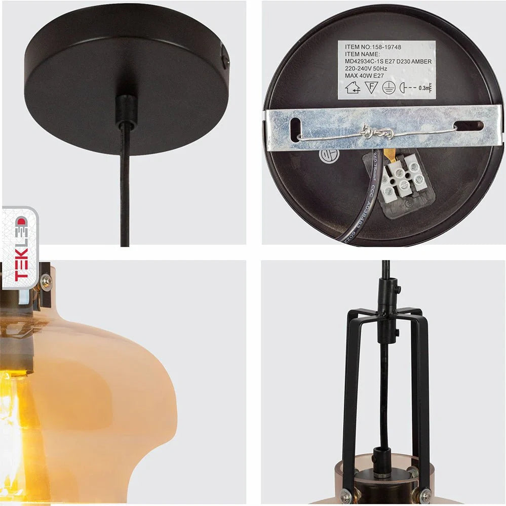 Крупный план абажура из янтарного стекла в виде ступенчатой купольной люстры, идеально подходит для современных интерьеров.