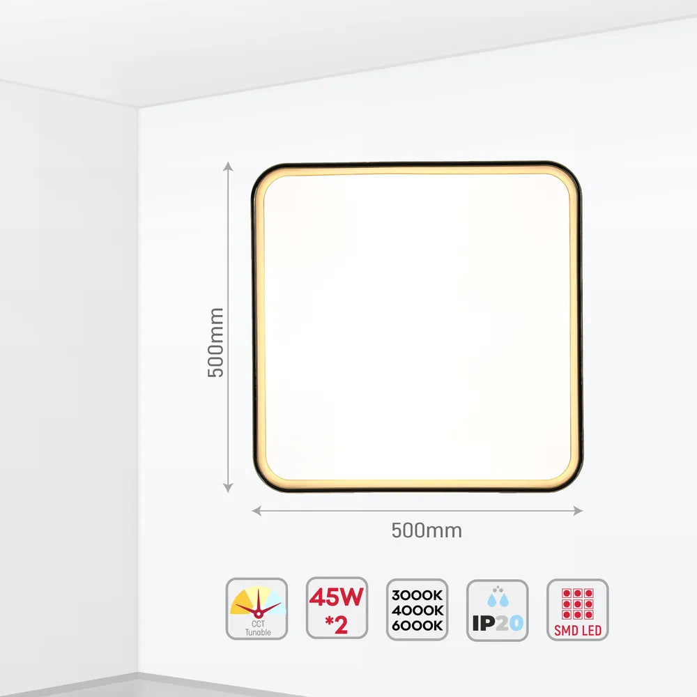 Size and technical specs of the LED Square Flush Ceiling Light Black Gold 500x500 6000K/4000K/3000K 45Wx2(TEKLED)-165-16008