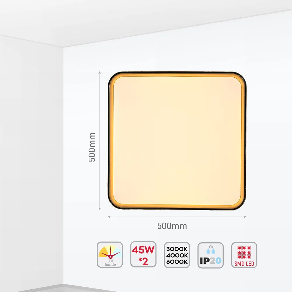 Size and technical specs of the LED Square Flush Ceiling Light Purple Gold 500x500 6000K/4000K/3000K 45Wx2(TEKLED)-165-16014