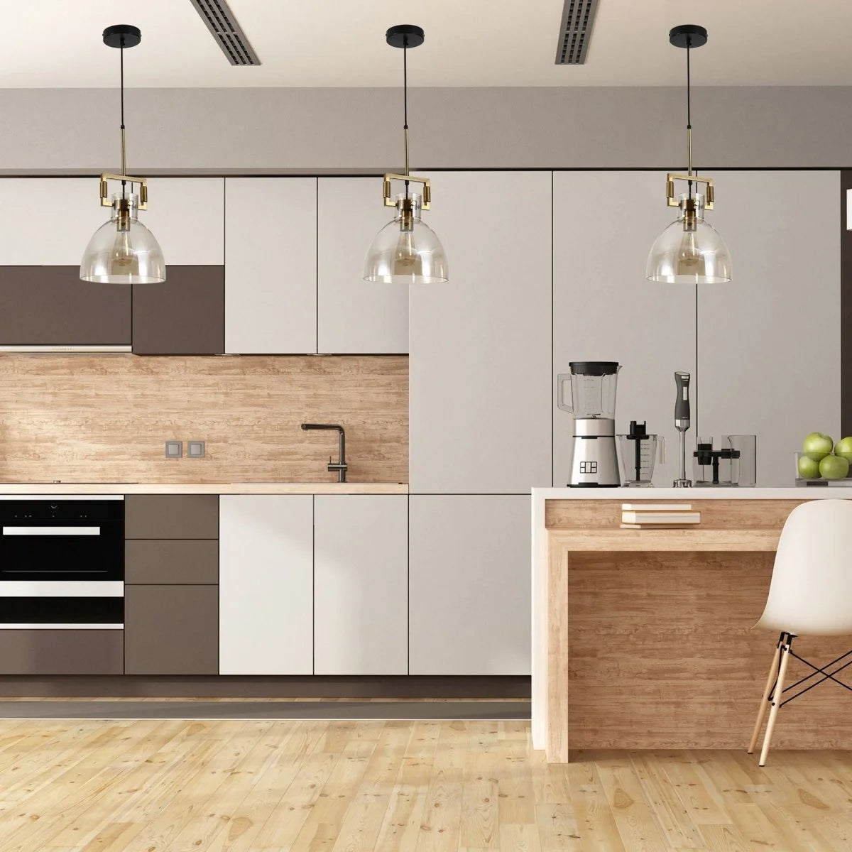 Подвесной светильник с бронзовым металлом и янтарным стеклом в современном интерьере кухни, идеален для создания уютной атмосферы.