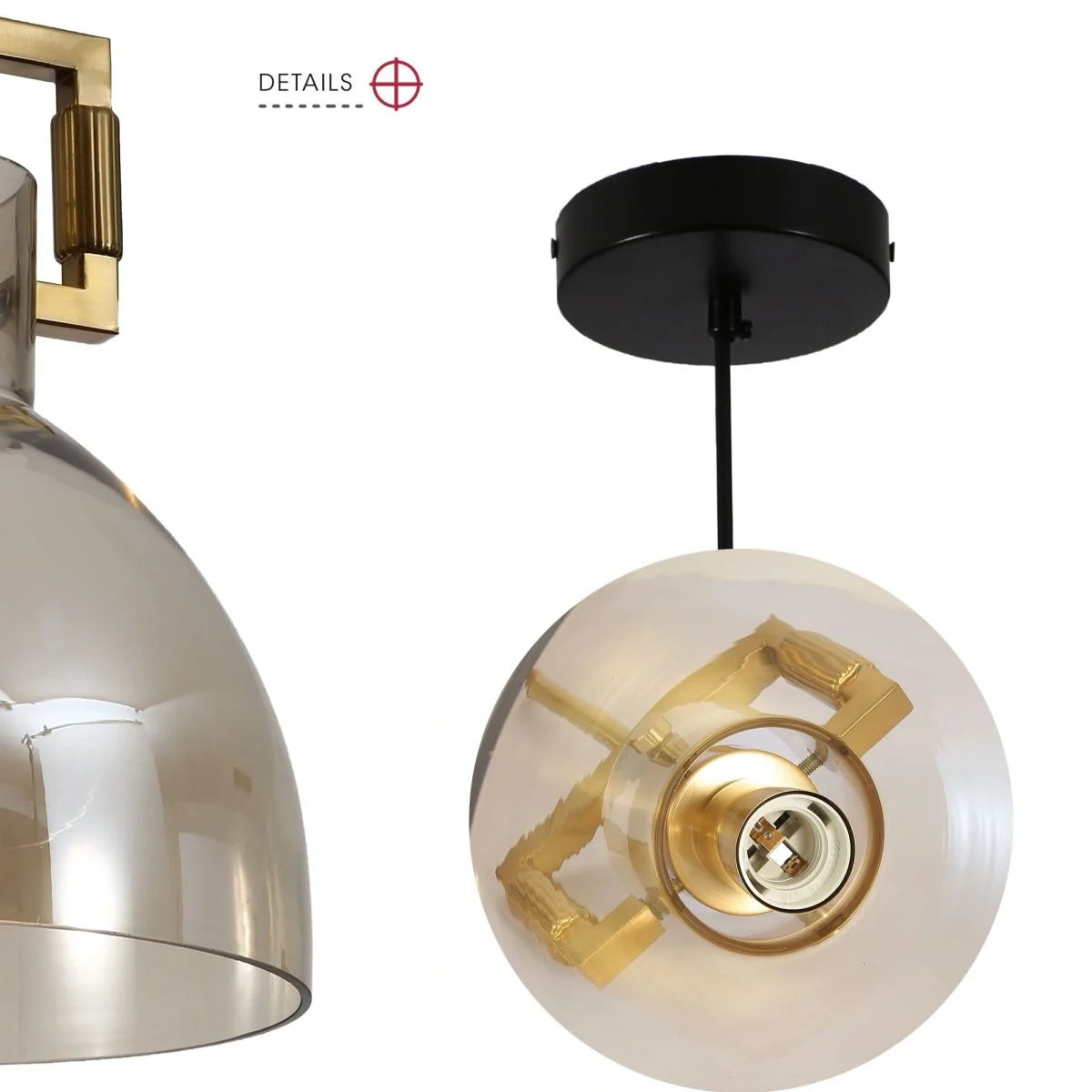 Крупный план абажура из золотисто-бронзового металла и янтарного стекла, идеально подходящего для современного интерьера.