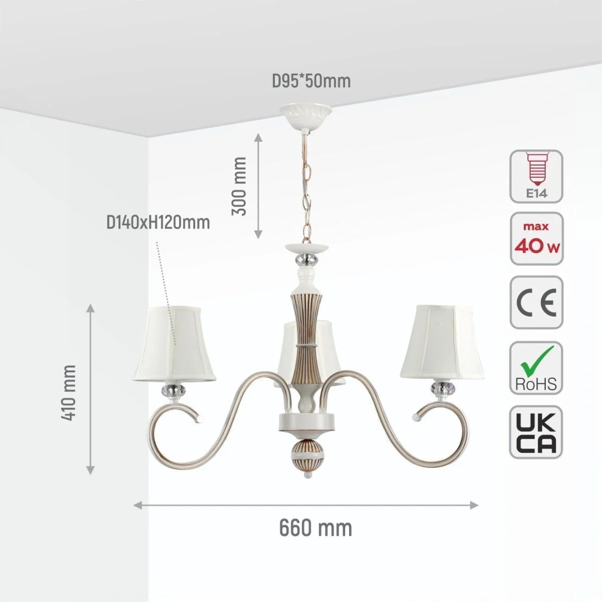 Технические характеристики традиционной люстры с абажуром из ткани и золотосостаренной отделкой, подходит для классического интерьера.