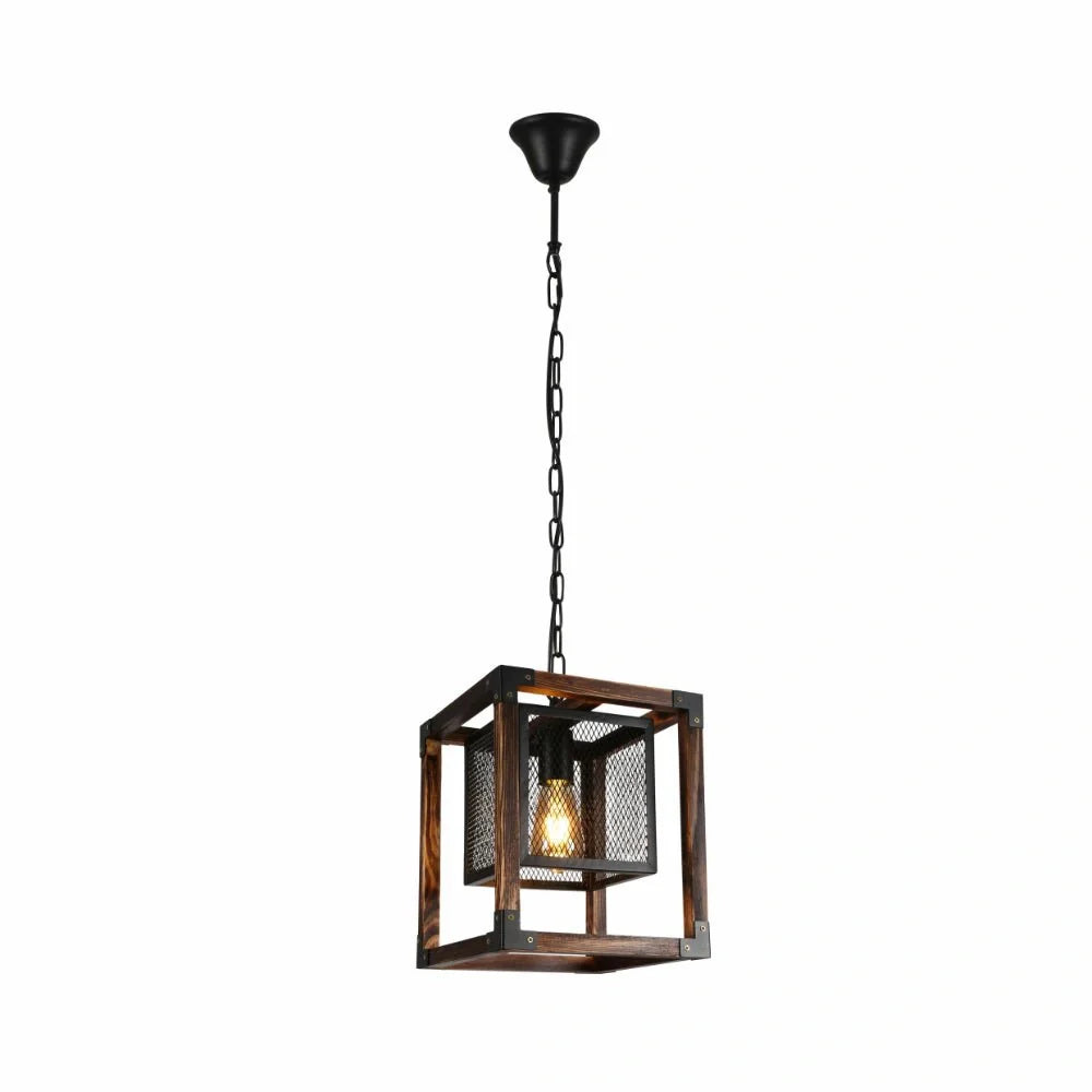 Основное изображение круглого черного потолочного фонаря с деревянной решеткой, идеального для гостиной в рустикальном стиле.