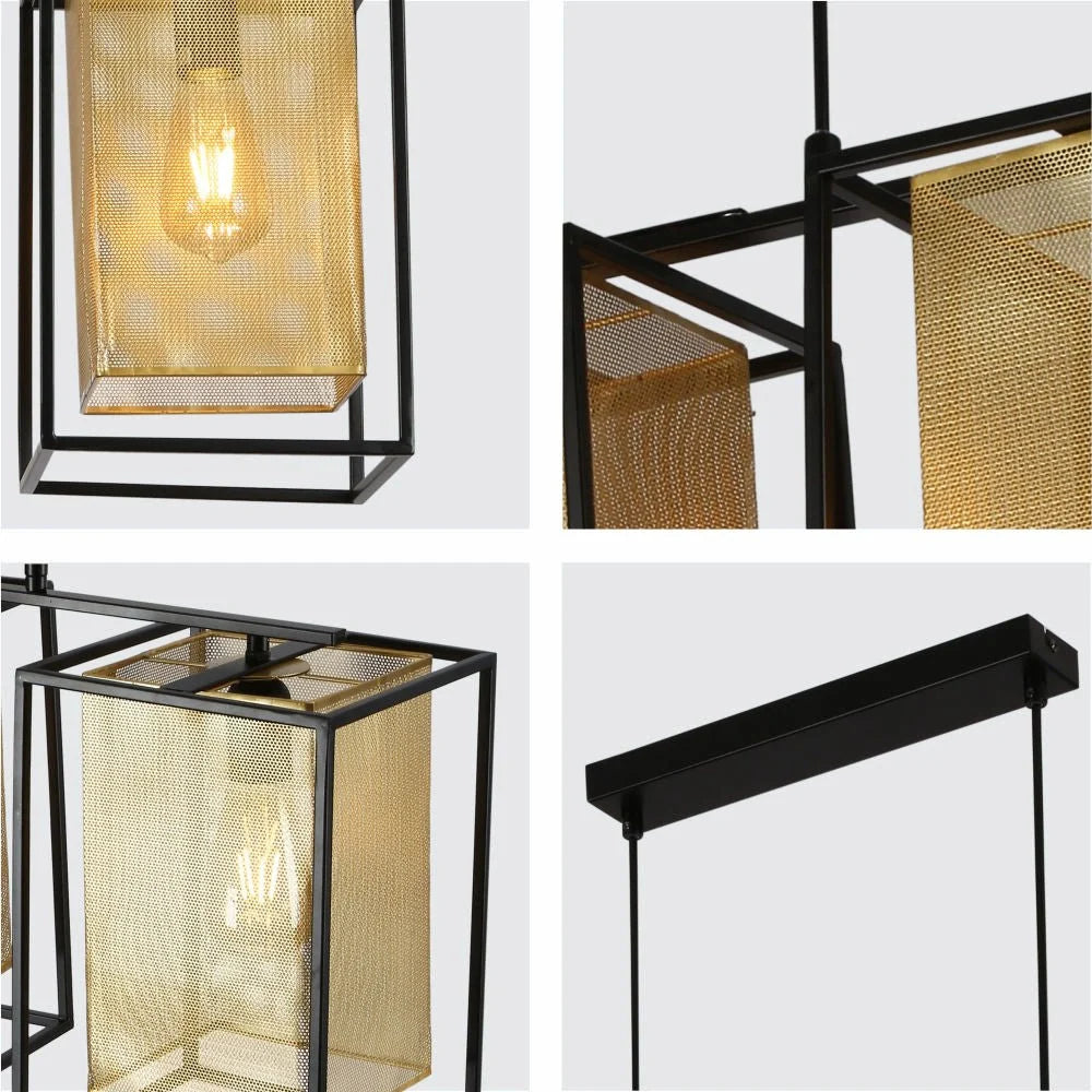 Детали матовой золотой металлической абажуры и черной клетчатой конструкции светильника для кухни с тремя E27 патронами.