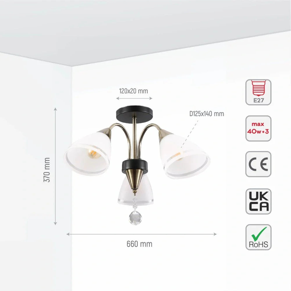 Технические характеристики полусплошного светильника "Снежинка" с конусом из стекла, антикварный латунный штамп, размеры E27.