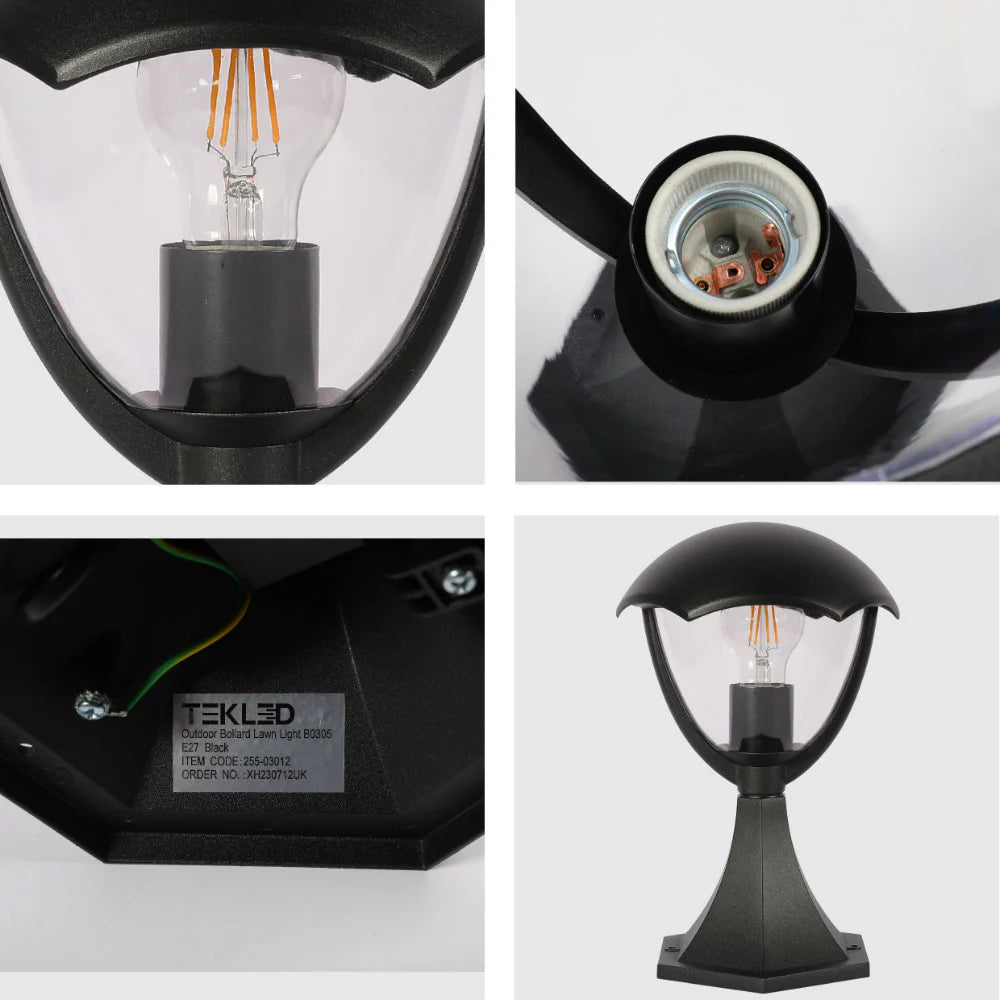 Изображение уличного столбового фонаря с креплением E27 в черном цвете, идеально подходящего для современных пейзажей и садов.