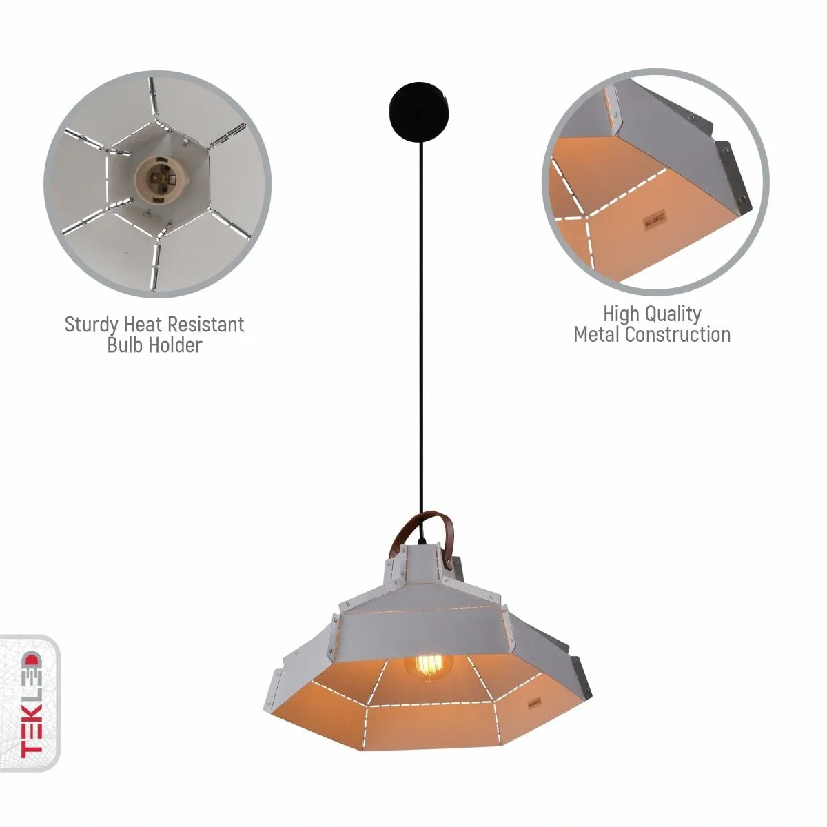 Крупный план белого металлического подвесного светильника Esagono Maxi, идеально подходящего для стильного интерьера кухонного или обеденного пространства.