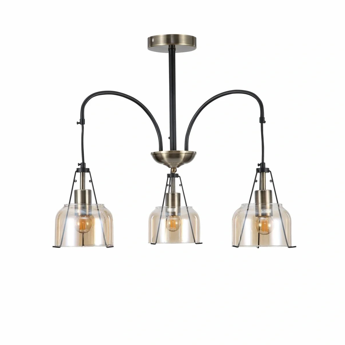 Главное изображение черного и антикварного бронзового подвесного светильника из янтарного стекла, идеального для современных интерьеров.