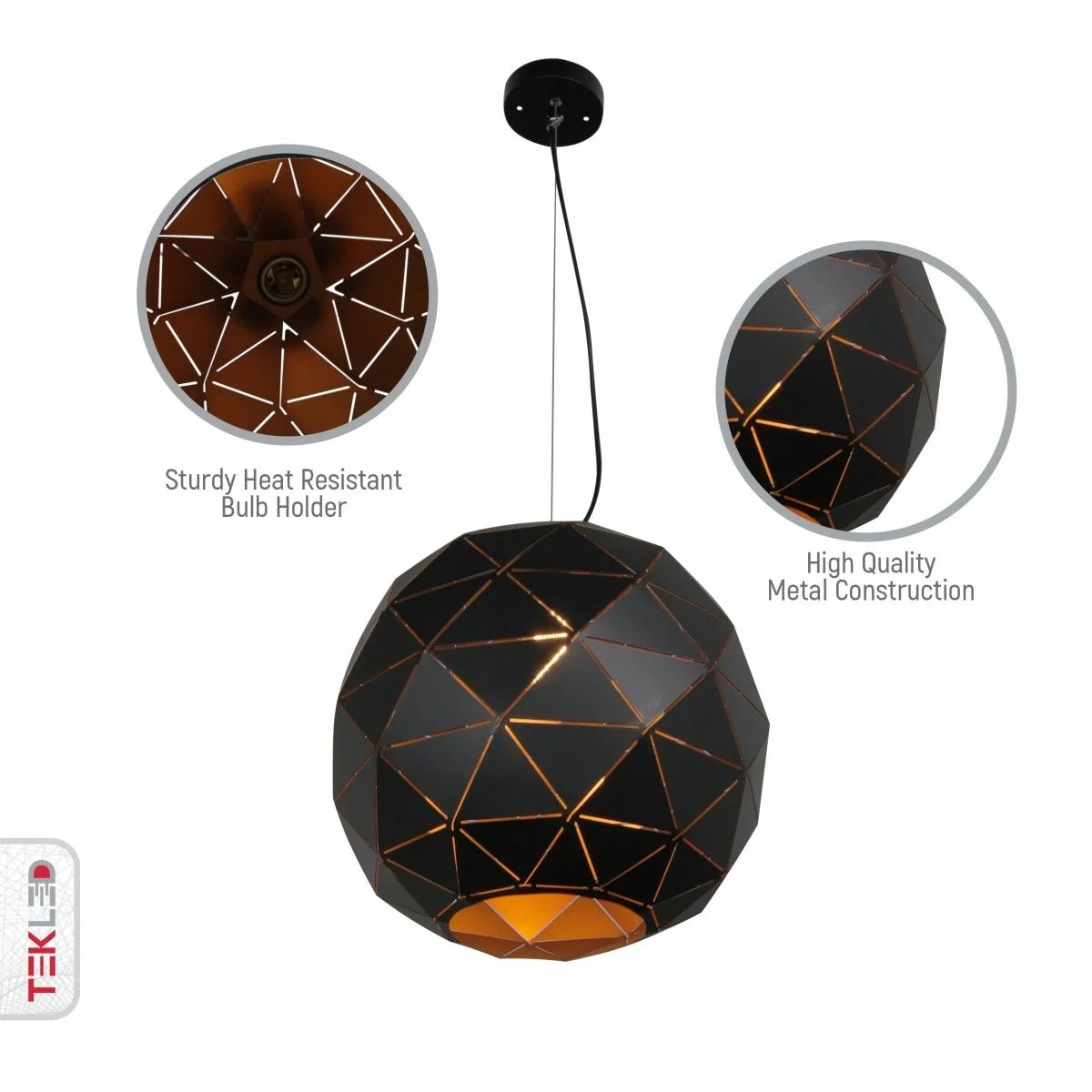 Крупный план черной металлической подвесной лампы с лазерной резкой, идеально подходящей для современных интерьеров.