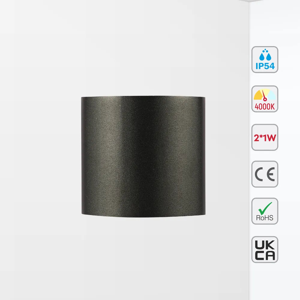 Size and technical specs of the Svet-k B2325 2x1W BLACK 4000K IP54(TEKLED)-182-03306