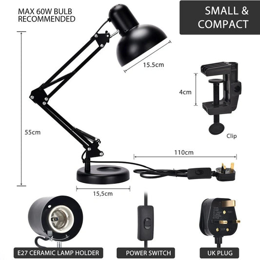 Технические характеристики черной настольной лампы с зажимом, идеально подходящей для офисов в современном стиле.