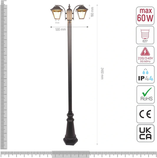 Технические характеристики светильника постового с матовым черным корпусом и прозрачным стеклом, высота 2.3 м, 2xE27.