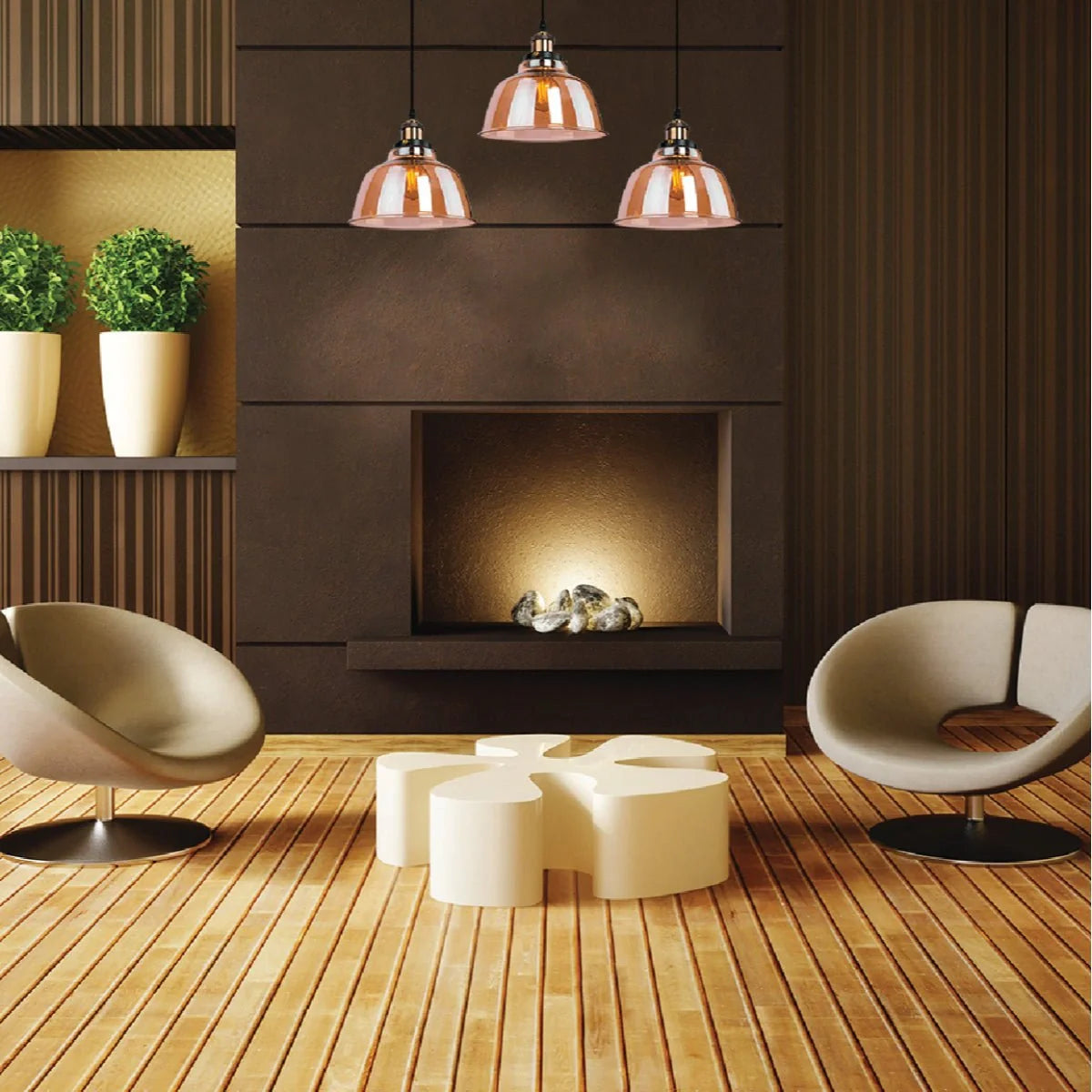 Подвесной светильник с амберным стеклом в современной гостиной, добавляет изысканный стиль и уютное освещение.