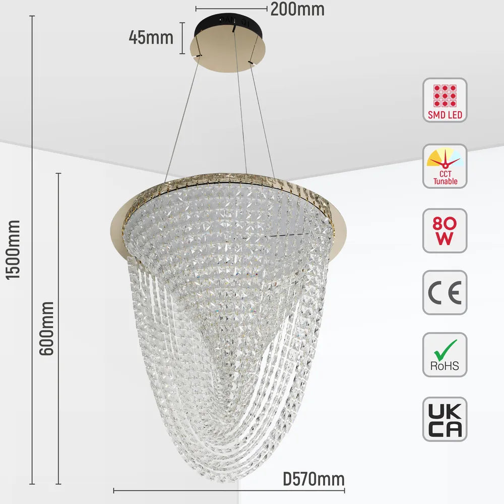 Size and technical specs of the Vortex Crystal Cascade LED Chandelier 80W Gold-159-18344
