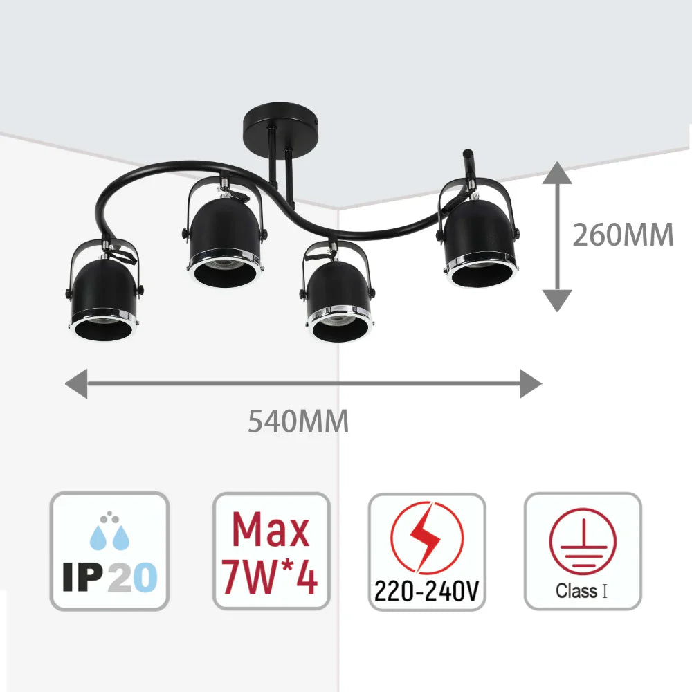 size of S shape Rotatable GU10 Spotlight Black and Chrome 4 lamp