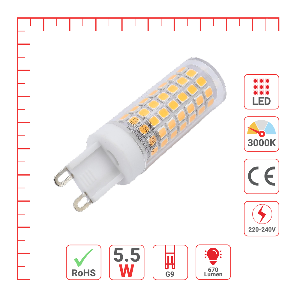 LED лампа, капсула туридаги, 5.5 Вт, 670 лм, G9