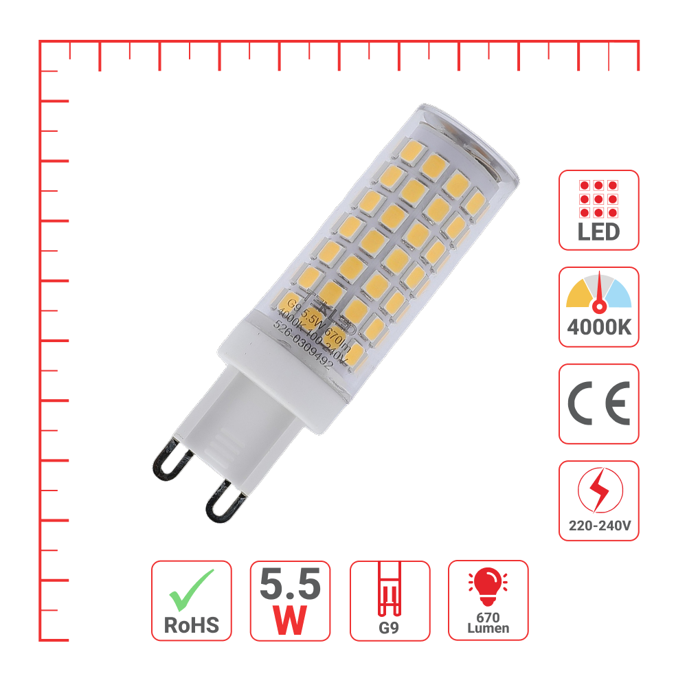 LED лампа, капсула туридаги, 5.5 Вт, 670 лм, G9