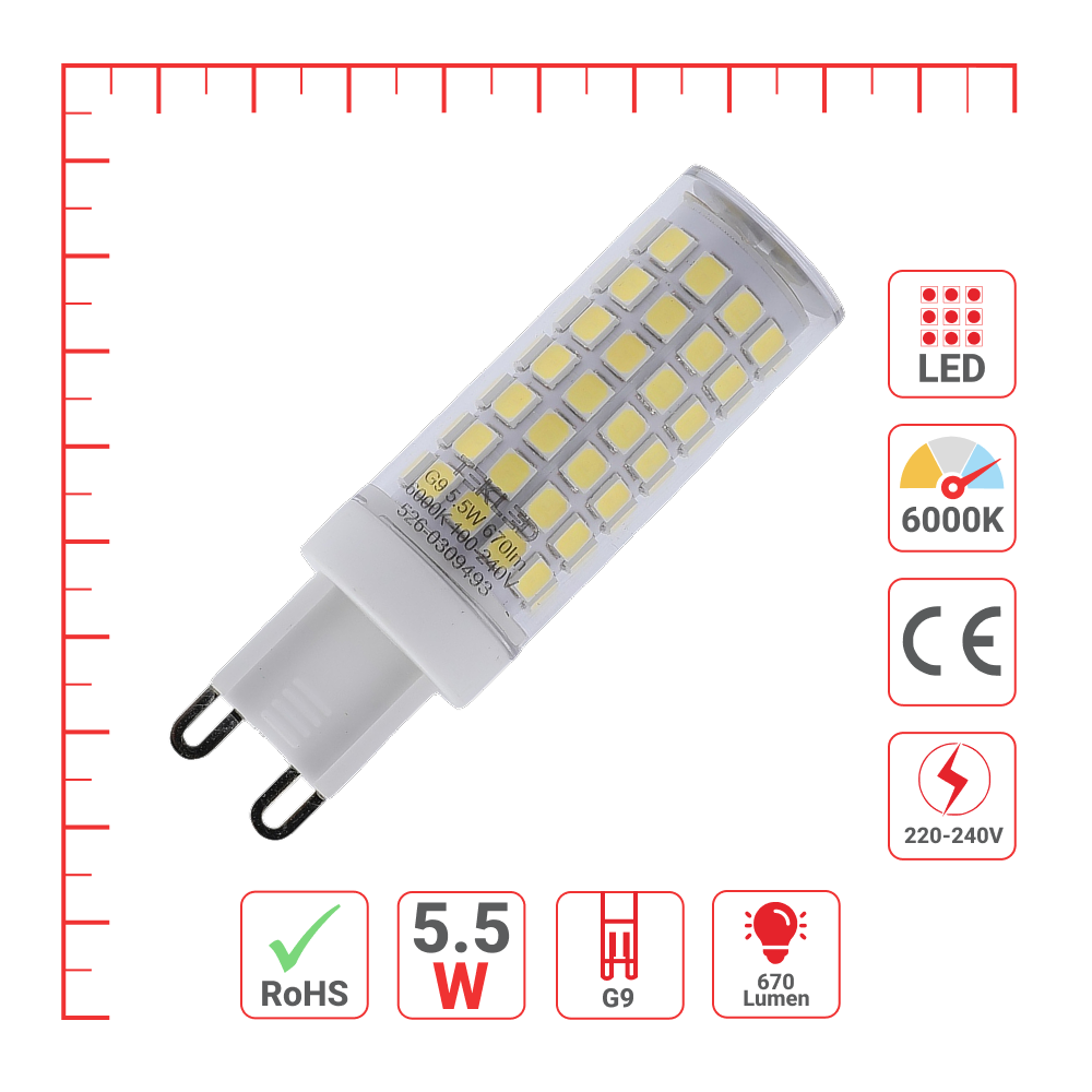 LED лампа, капсула туридаги, 5.5 Вт, 670 лм, G9