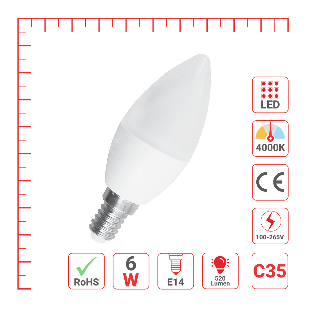 LED лампа C35 (шам шаклида), 6Vt, 520Lm, E27 (Ц)