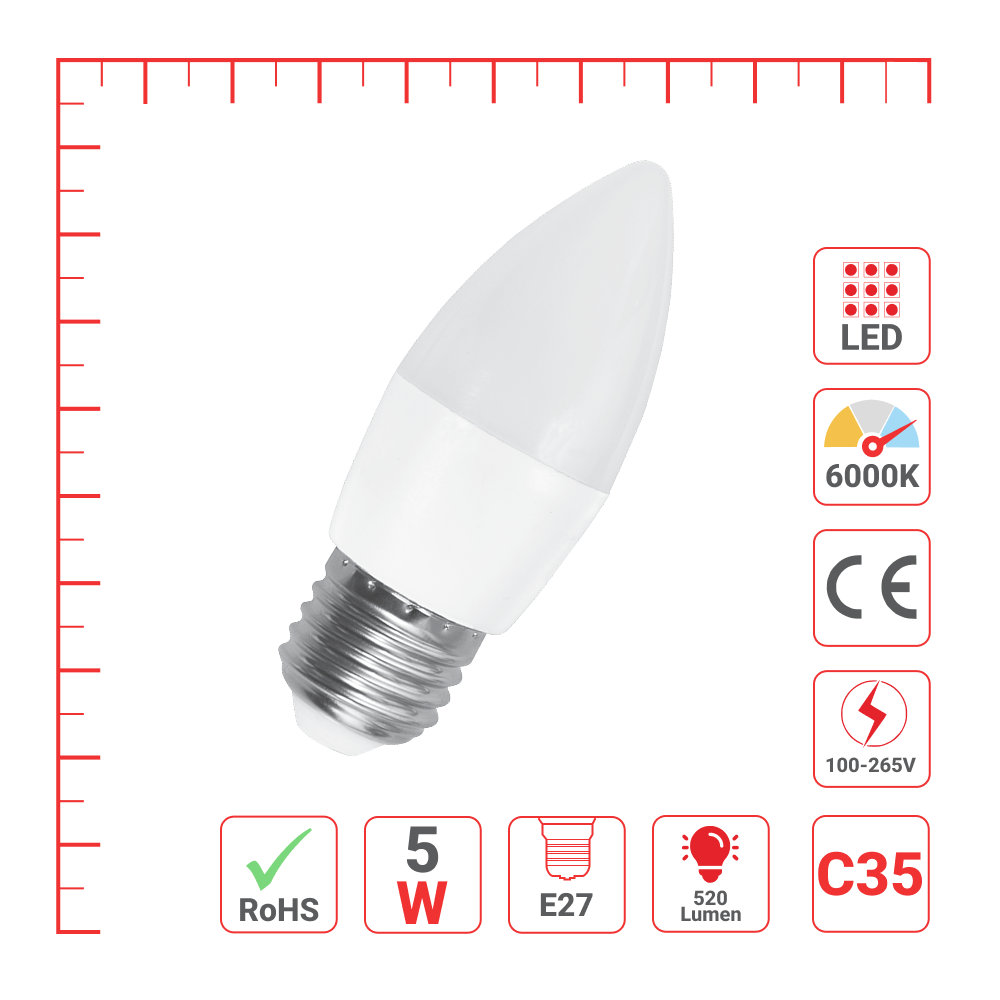 LED лампа C35 (шам шаклида), 6Vt, 520Lm, E27 (Ц)