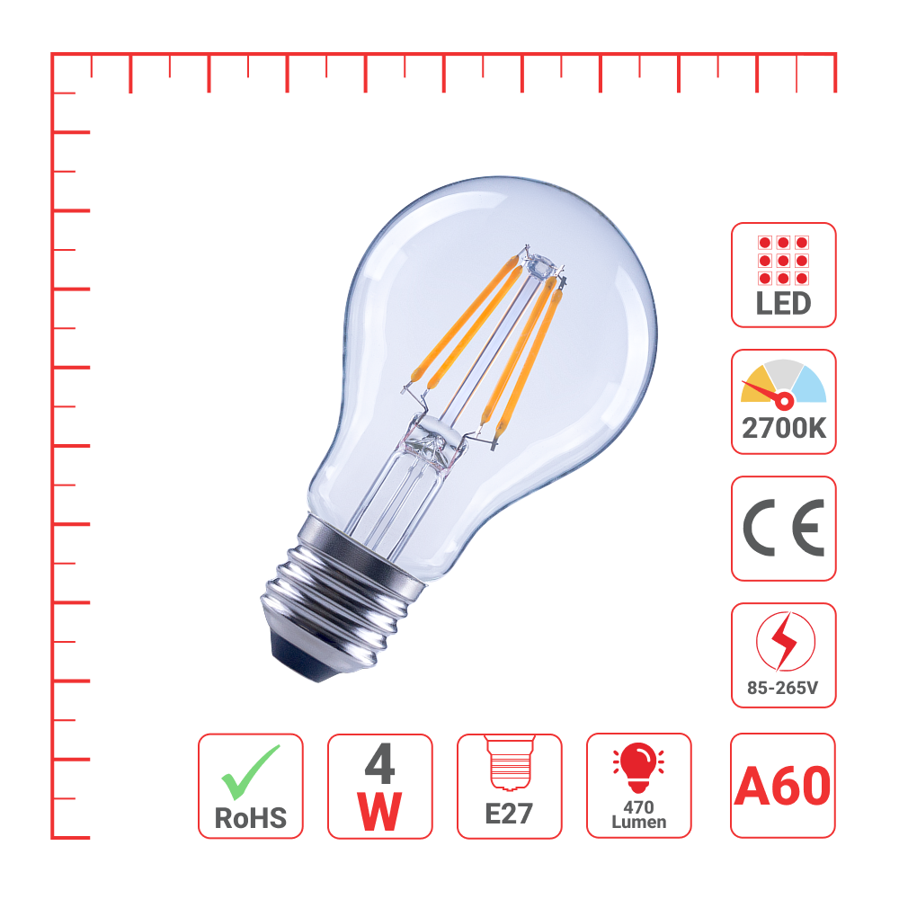 LED лампаси A60 (нок шаклида), 4 Вт, 470 Лм, E27, 2700K (илиқ оқ), Шаффоф