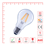 LED лампа A60 (нок шаклида), 4Вт, 470Лм, E27, 2700K (илиқ оқ), Шаффоф