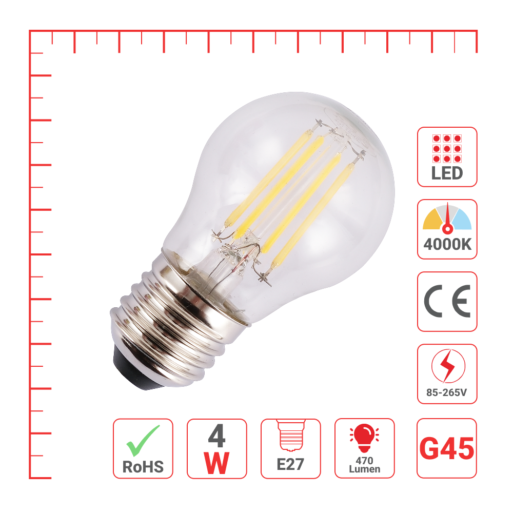 LED лампа G45 (шар шаклида), 4Вт, 470Лм, E27, Шаффоф