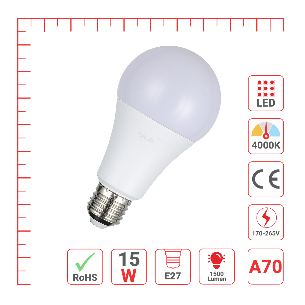 LED лампа A70 (нок шаклида), 15Вт, 1500Лм, E27 (TS), 4000K (нейтрал оқ)