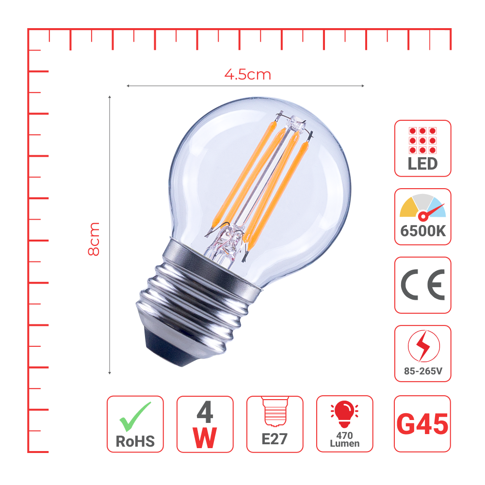 LED лампа G45 (шар шаклида), 4Вт, 470Лм, E27, Шаффоф