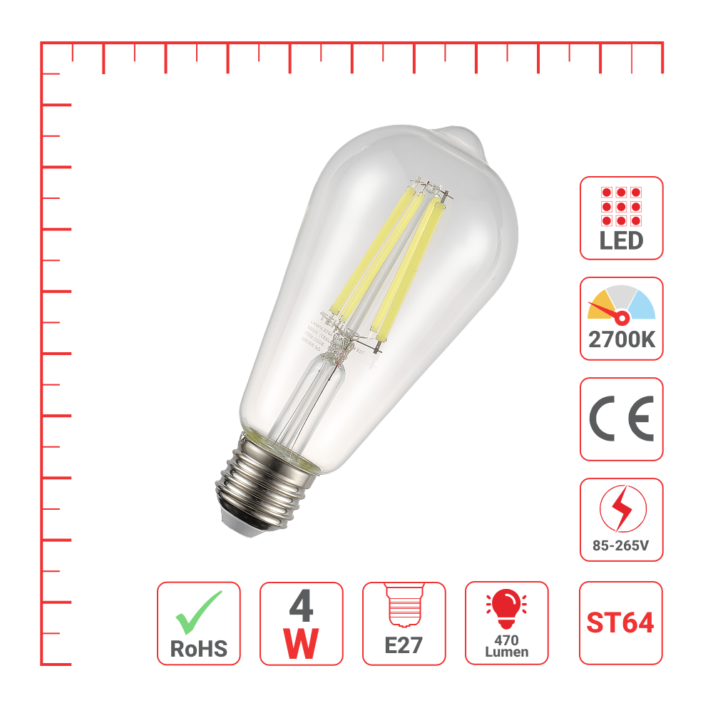 LED лампа ST64 (ретро, эдисон услубида), 4Вт, 470Лм, E27, 2700K (илиқ оқ), Шаффоф
