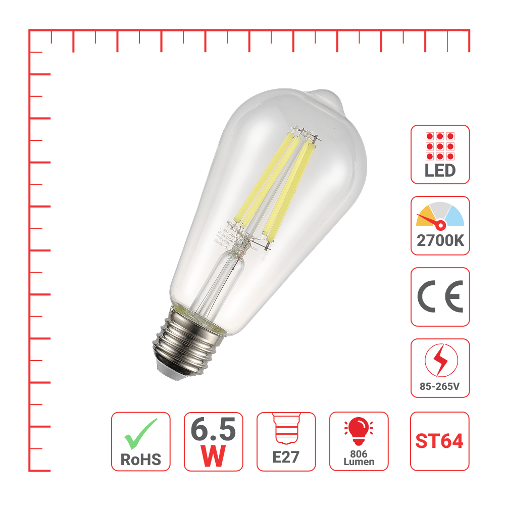 LED лампа ST64 (Ретро, Эдисон услубида), 6.5Вт, 806Лм, Е27, 2700K (илиқ оқ), Шаффоф