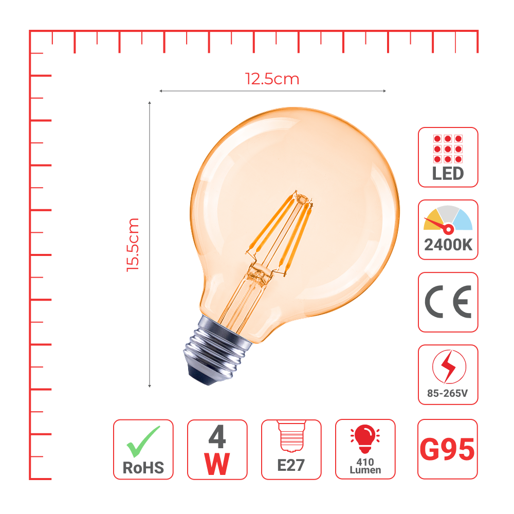 LED лампа G95 (шар шаклида), 4Вт, 410Лм, E27, 2400K (илиқ оқ), Янтарь ранг