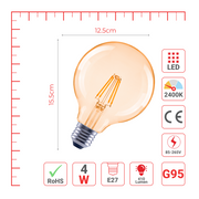 LED лампа G95 (шар шаклида), 4Вт, 410Лм, E27, 2400K (илиқ оқ), Янтарь ранг