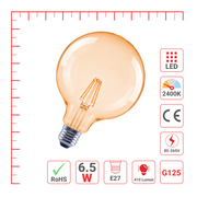 LED лампа G125 (шар шаклида), 4Вт, 410Лм, E27, 2400K (илиқ оқ), Янтарь ранг