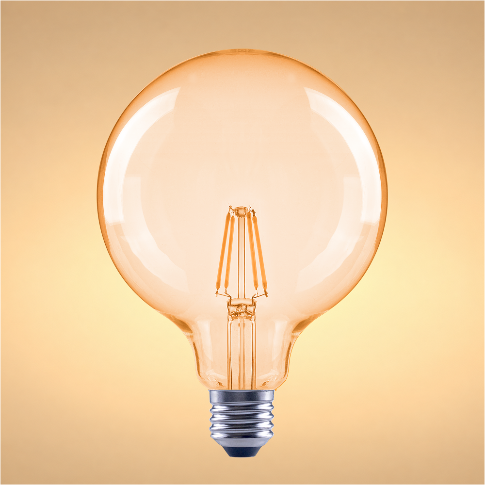LED лампа G125 (шар шаклида), 4Вт, 410Лм, E27, 2400K (илиқ оқ), Янтарь ранг