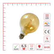 LED лампа G125 (шар шаклида), 6.5Вт, 680Лм, E27, 2400K (илиқ оқ), Янтарь ранг